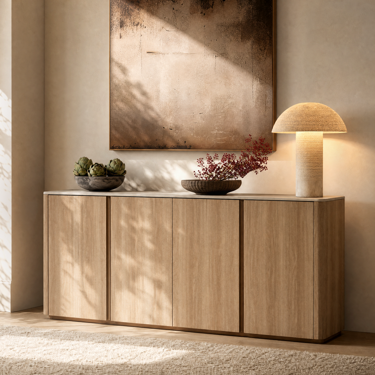 [Pre-Sale] Travertine Wood Accent Cabinet 67" 4-Door Handleless Soft-Close Sideboard