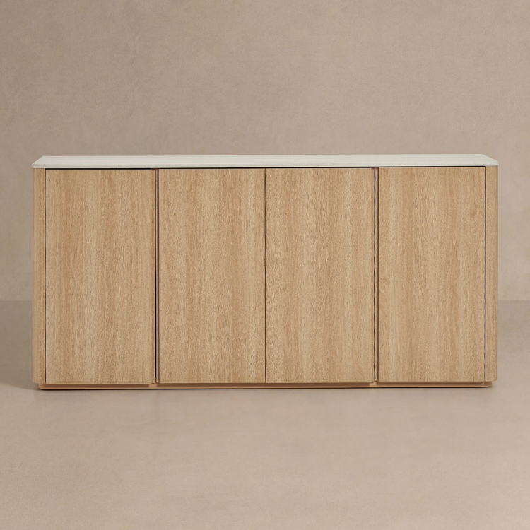 [Pre-Sale] Travertine Wood Accent Cabinet 67" 4-Door Handleless Soft-Close Sideboard