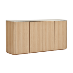 A long low cabinet has six flat wood-grain doors, rounded end panels, and a contrasting slab top
