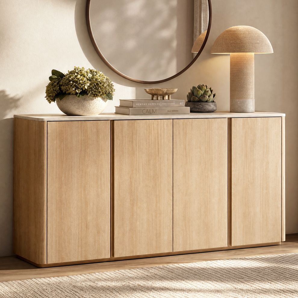 [Pre-Sale] Travertine Wood Accent Cabinet 67" 4-Door Handleless Soft-Close Sideboard