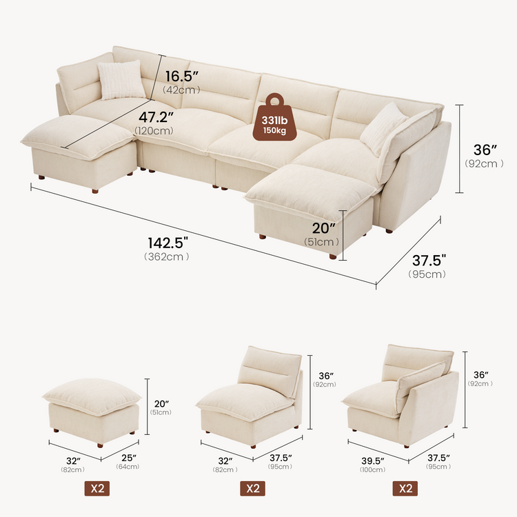 [Pre-sale] U-Shaped Sectional Sofa, Loven Modular Cloud Design with Solid Wood Legs，Pure Plume