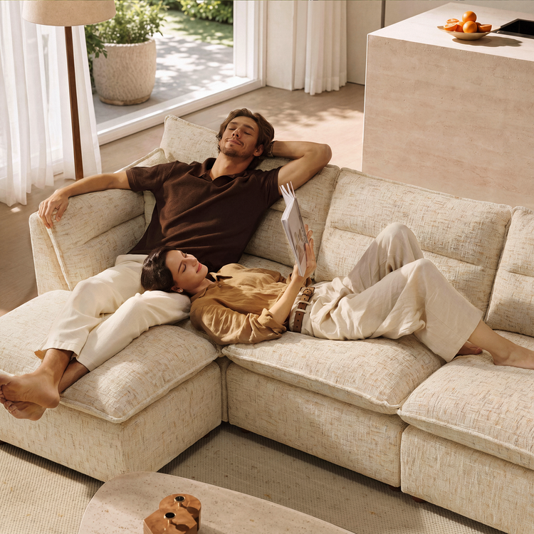 [Pre-sale] L-Shaped Sectional Sofa, Loven Modular Cloud Design with Solid Wood Legs，Sandstone Beige