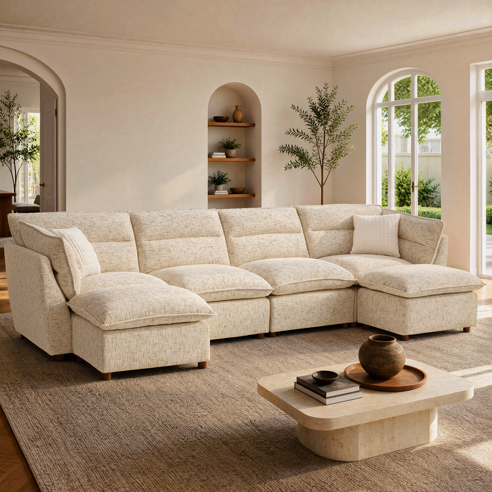[Pre-sale] U-Shaped Sectional Sofa, Loven Modular Cloud Design with Solid Wood Legs，Sandstone Beige