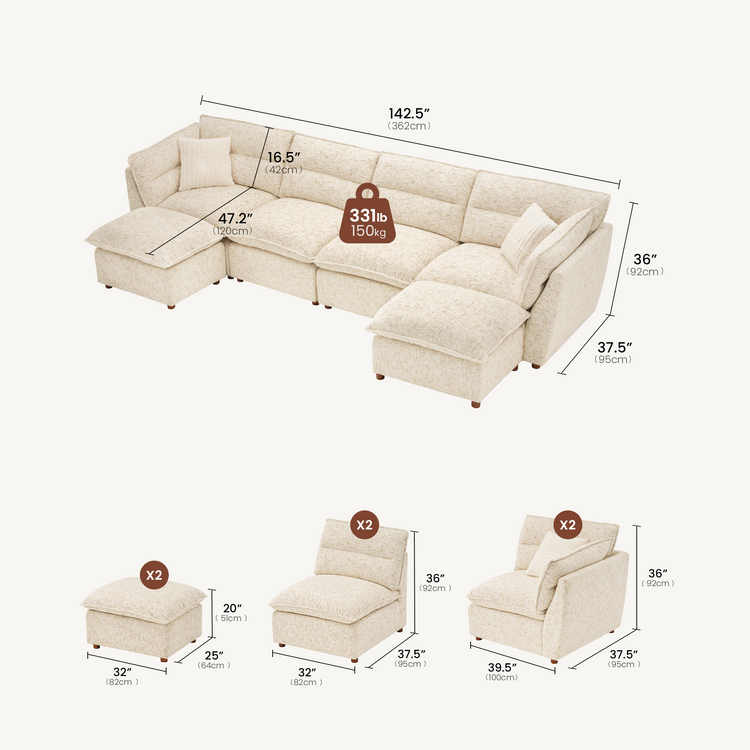 [Pre-sale] U-Shaped Sectional Sofa, Loven Modular Cloud Design with Solid Wood Legs，Sandstone Beige