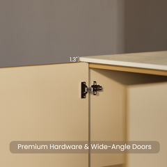 Close-up of an open cabinet door with a concealed metal hinge and thick top panel.