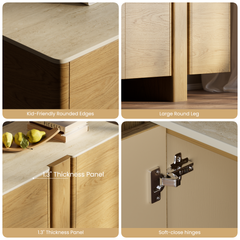 Close-ups show rounded cabinet edges, a round leg, thick panel, and concealed metal hinge.