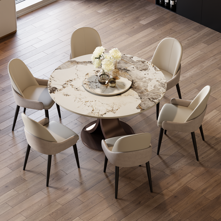 47.2" Pandora Glossy Sintered Stone Round Dining Table, Curved Base, Seats 4-6