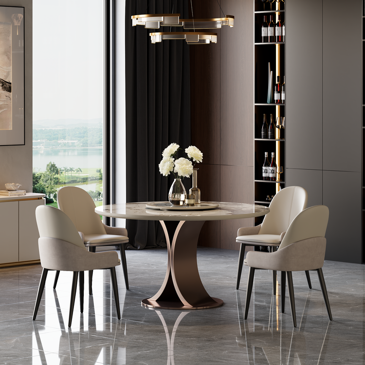 47.2" Pandora Glossy Sintered Stone Round Dining Table, Curved Base, Seats 4-6