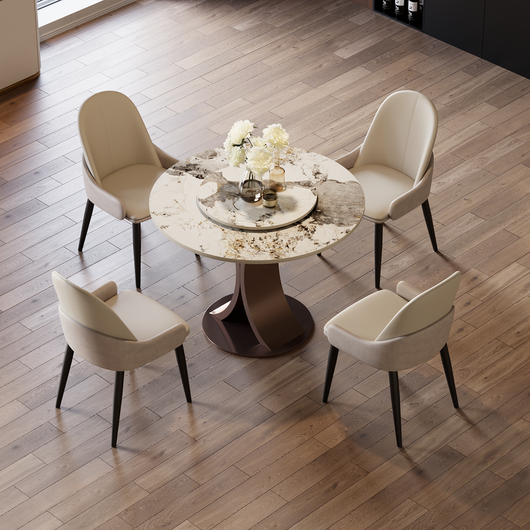 Mesa de comedor redonda Pandora de 35.4" con superficie de piedra sinterizada brillante y base curva color bronce, con capacidad para hasta 4 personas