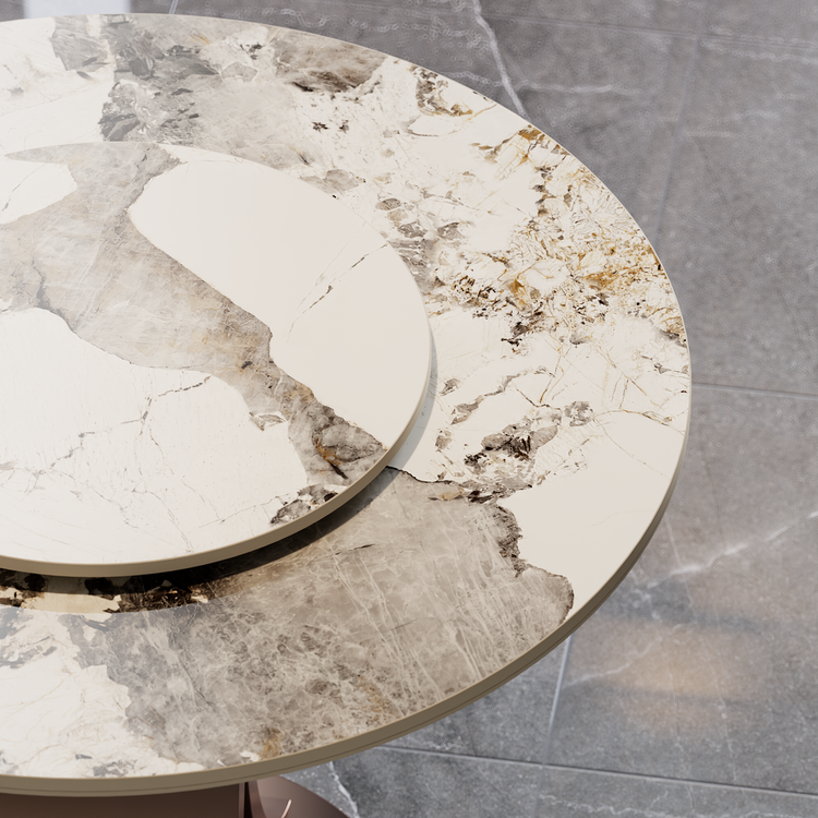 Mesa de comedor redonda Pandora de 35.4" con superficie de piedra sinterizada brillante y base curva color bronce, con capacidad para hasta 4 personas