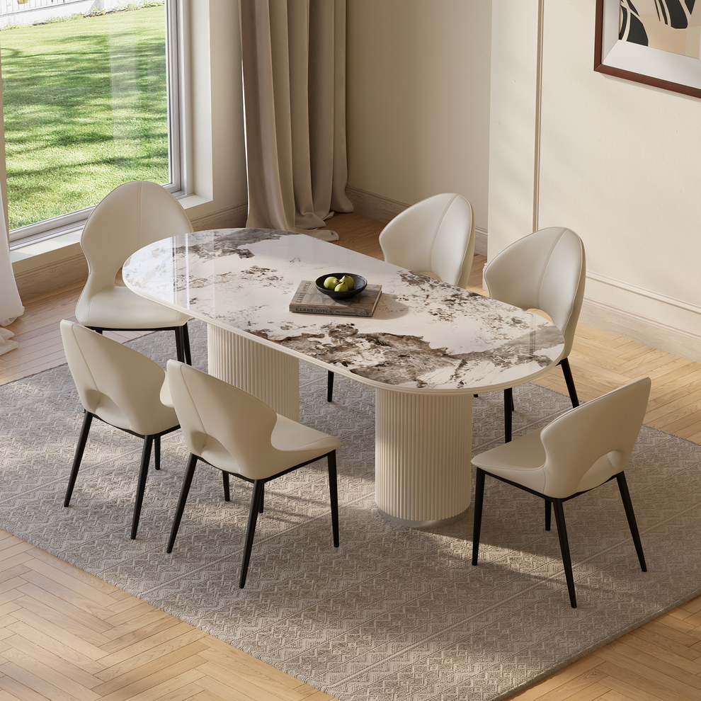 78.74" Pandora Glossy Sintered Stone Luxury Dining Table, Rectangular Kitchen Table for 6-8