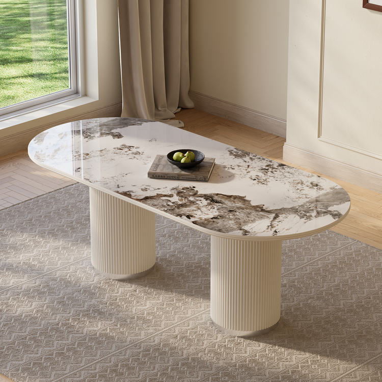 78.74" Pandora Glossy Sintered Stone Luxury Dining Table, Rectangular Kitchen Table for 6-8