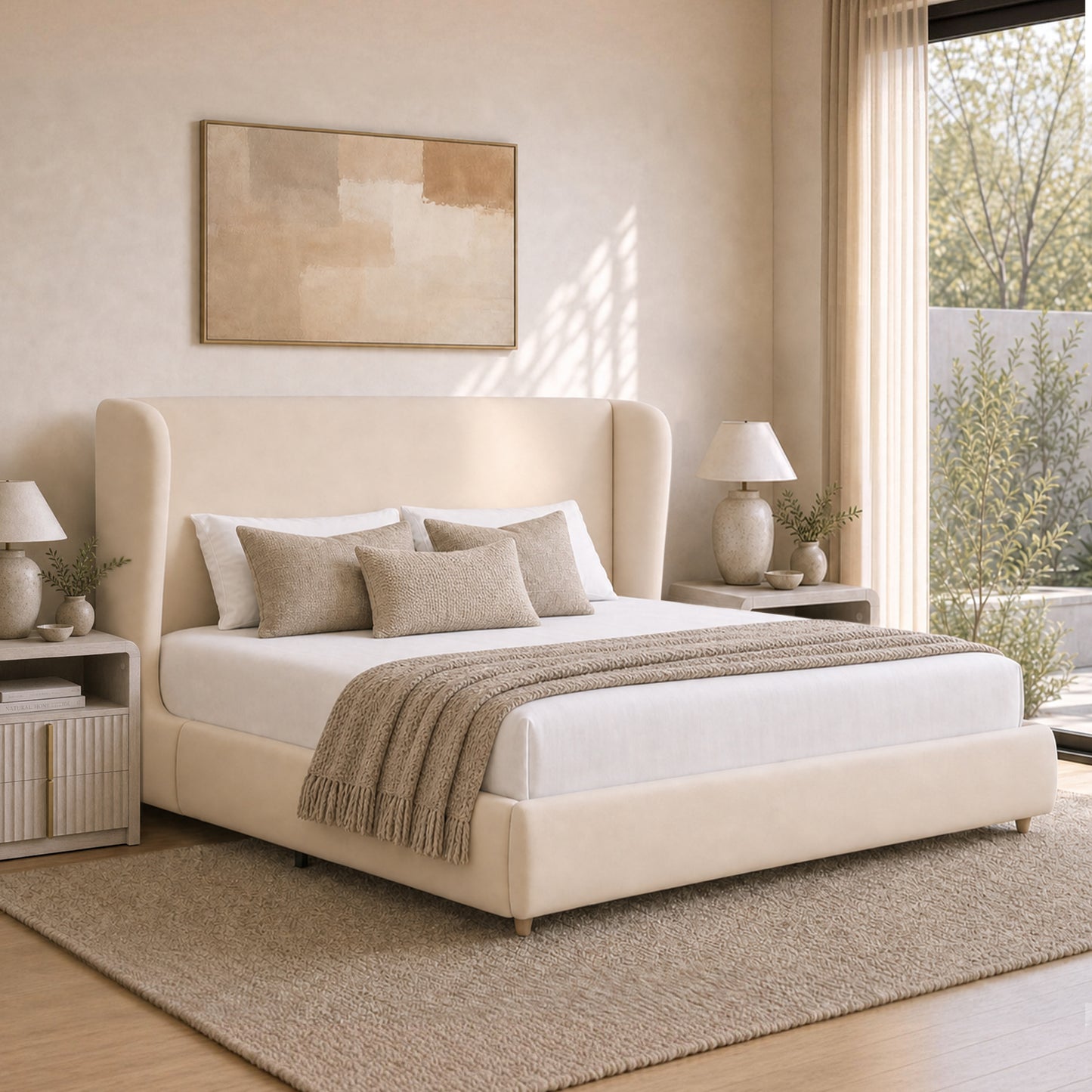 [Pre-sale] Veneeray King Suede Upholstered Wingback Bed Frame with Curved Valley Headboard