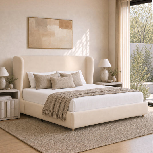Veneeray King Suede Upholstered Wingback Bed Frame with Curved Valley Headboard