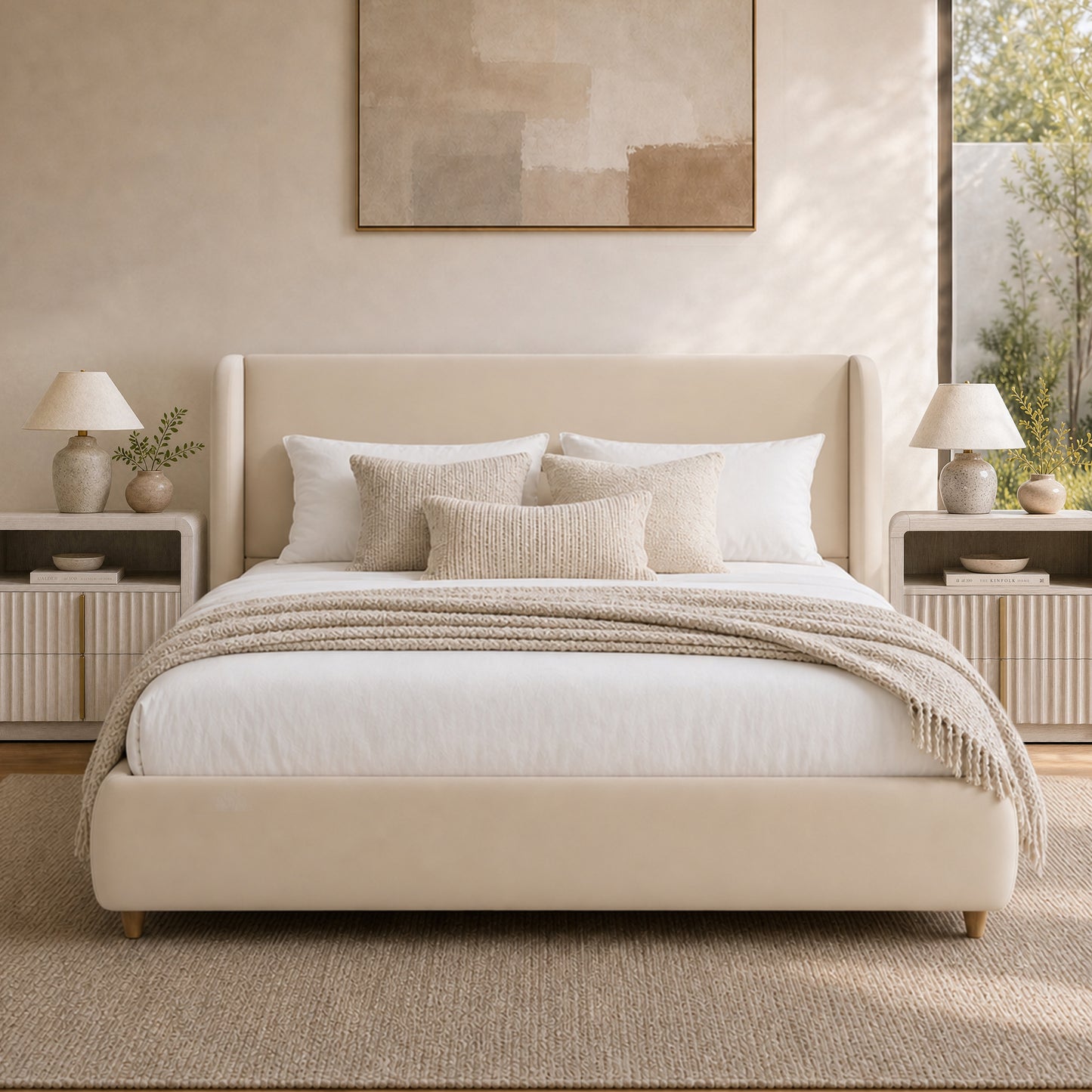 [Pre-sale] Veneeray King Suede Upholstered Wingback Bed Frame with Curved Valley Headboard