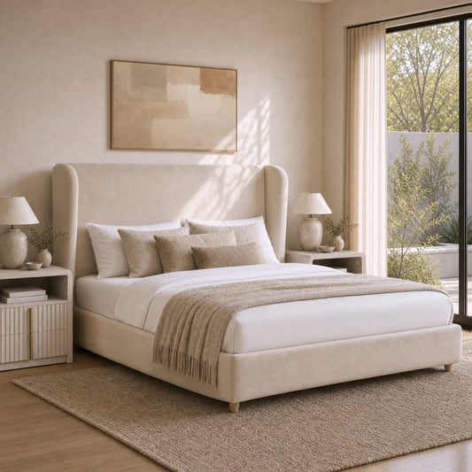 Veneeray Queen Suede Upholstered Wingback Bed Frame with Curved Valley Headboard