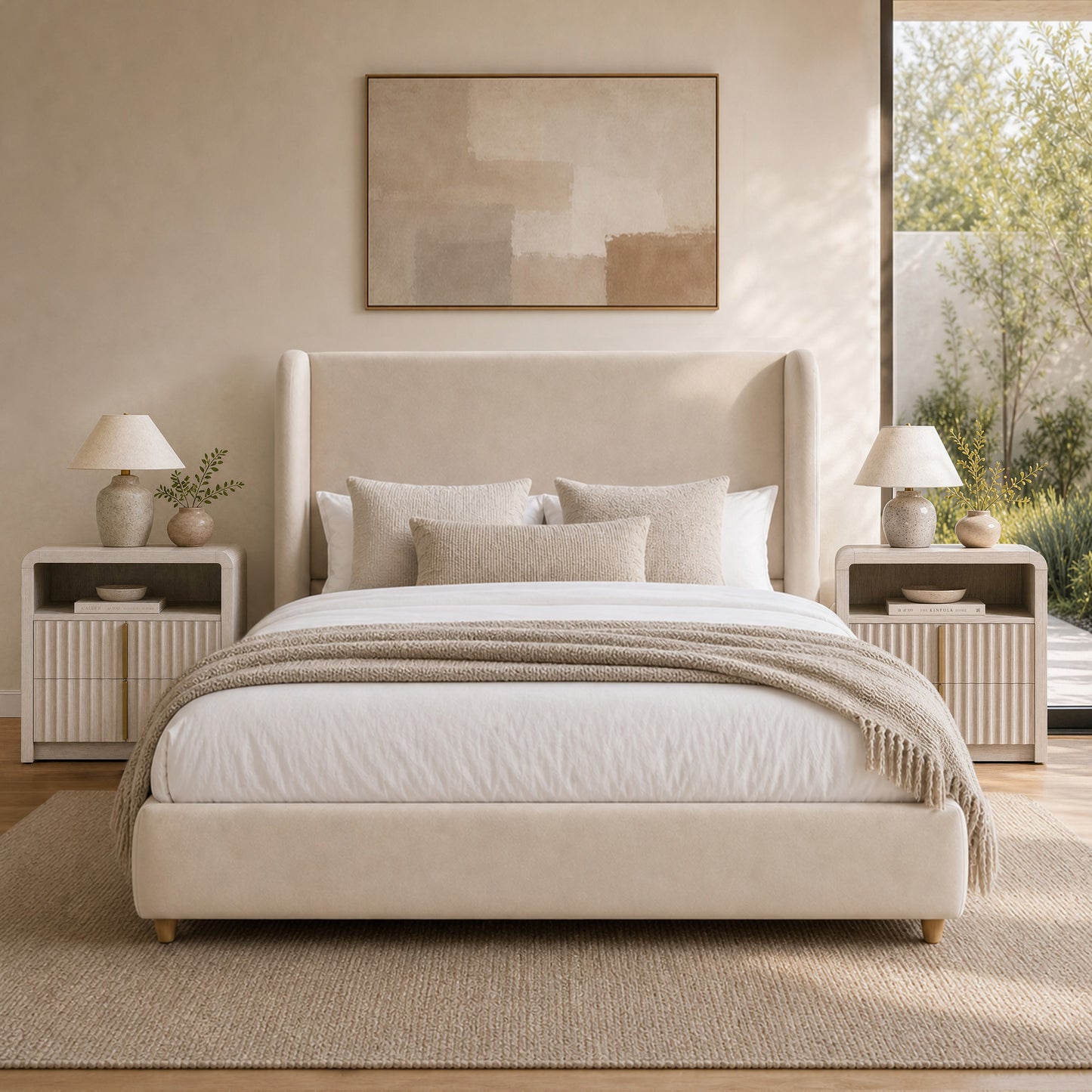 [Pre-sale] Veneeray Queen Suede Upholstered Wingback Bed Frame with Curved Valley Headboard