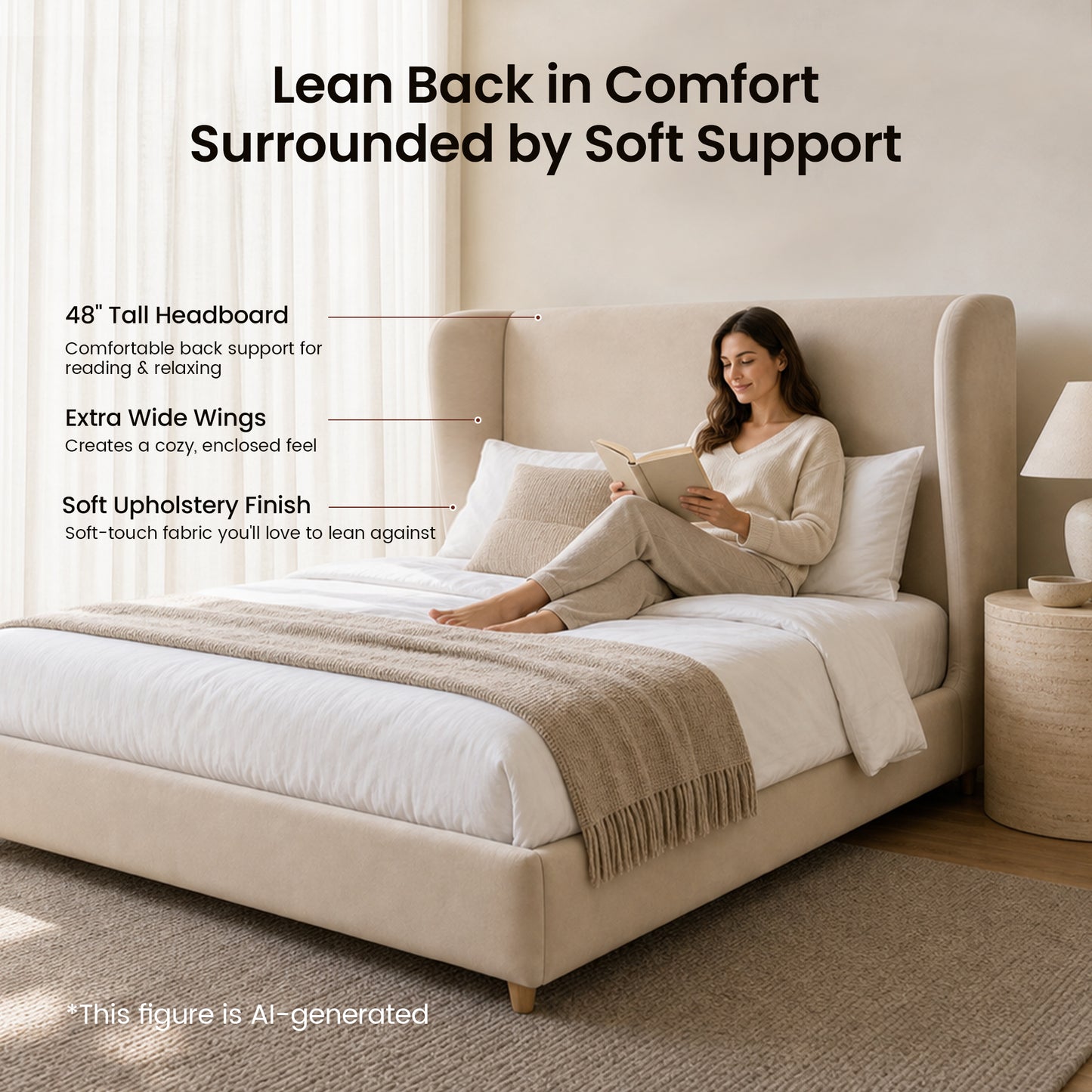 [Pre-sale] Veneeray King Suede Upholstered Wingback Bed Frame with Curved Valley Headboard