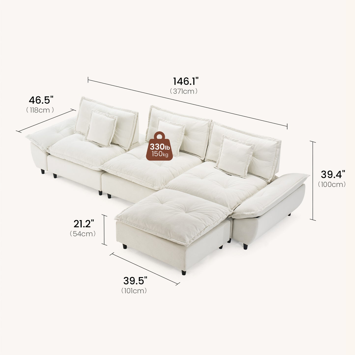 White sectional sofa with dimensions labeled on a white background