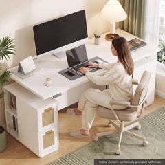 Woman seated in a cream swivel chair using a laptop at a white desk with a large monitor, lamp, calendar, coffee cup, open side shelves and two woven-front drawers.