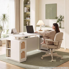 Woman seated in a cream office chair at a white desk with a laptop, lamp, cup and calendar, surrounded by shelves, plants and framed wall art.