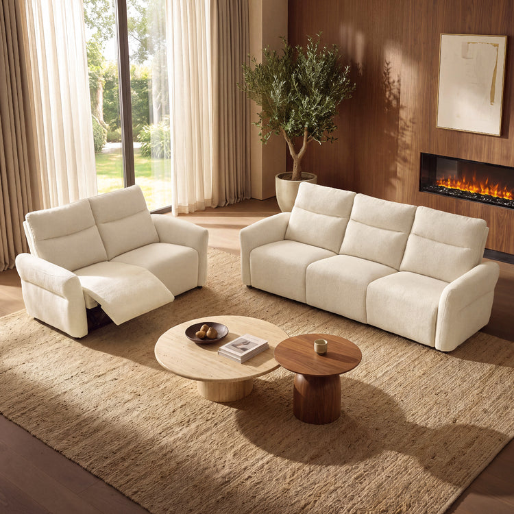 Linnea Beige Textured Fabric Manual Reclining 3-Seater and Loveseat Sofa Set