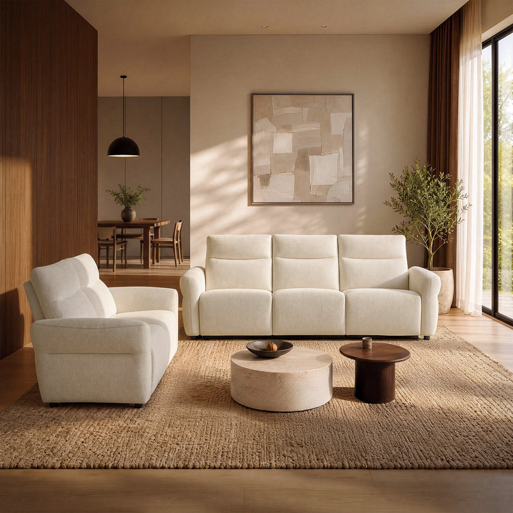 Linnea Beige Textured Fabric Manual Reclining 3-Seater and Loveseat Sofa Set