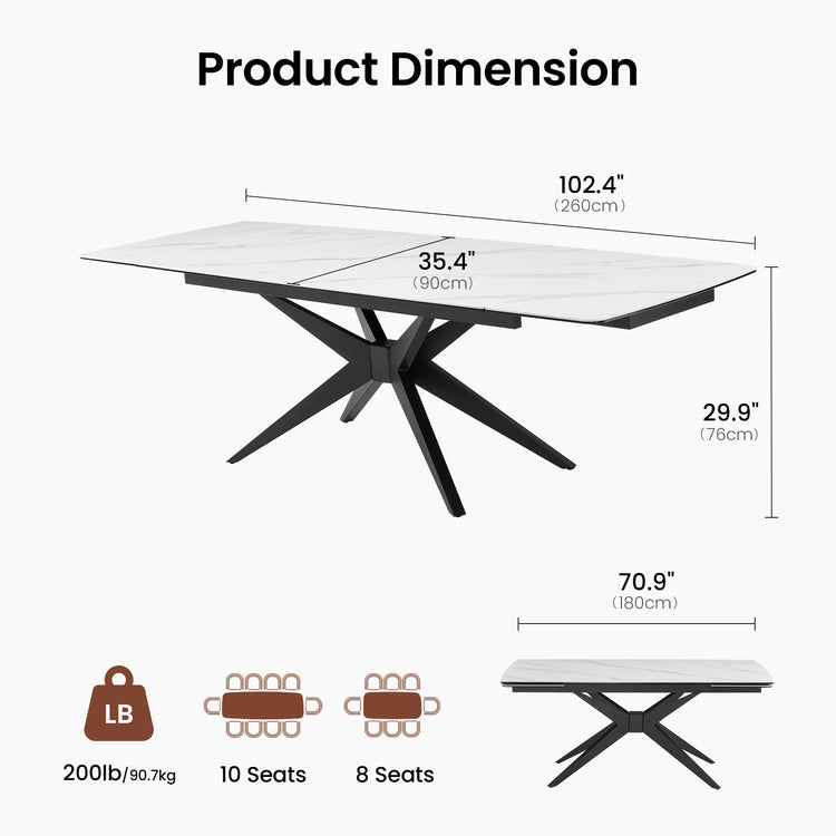 70.9"-102.4" Extendable Rectangular Dining Table, Glossy Sintered Stone Modern Kitchen Table for 8-10