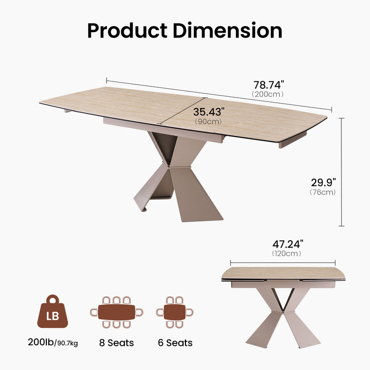47.24"-78.74" Extendable Rectangular Dining Table, Travertine-Textured Sintered Stone Kitchen Table for 6-8