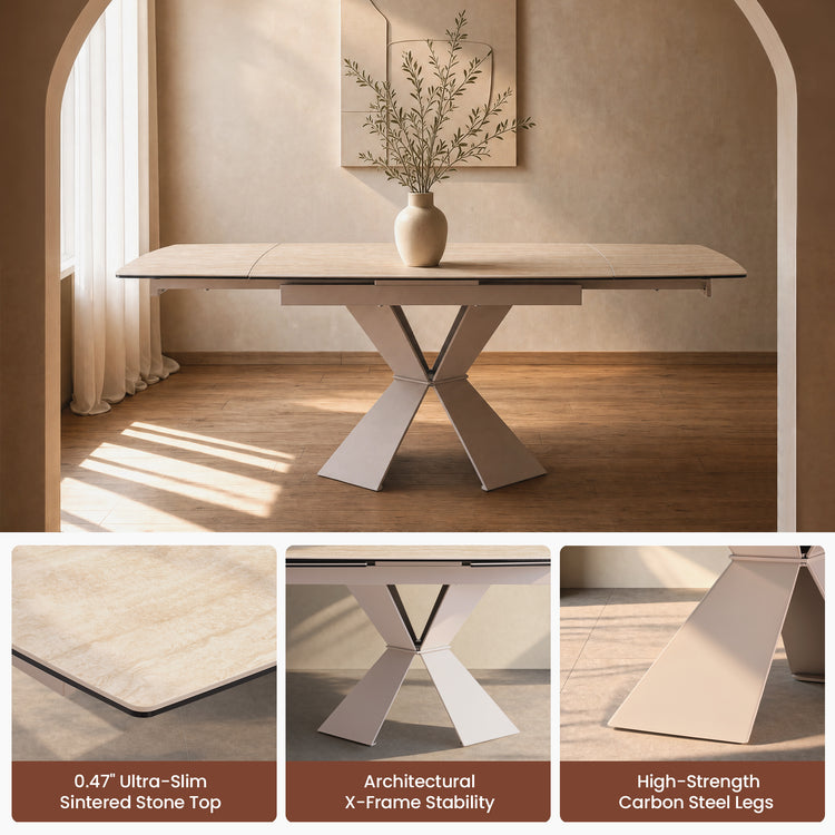 47.24"-78.74" Extendable Rectangular Dining Table, Travertine-Textured Sintered Stone Kitchen Table for 6-8