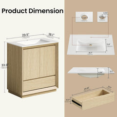 Light wood-toned nightstand shown with drawer and dimension details