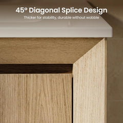Close-up shows a light woodgrain corner with a diagonal seam, A white top rests above the framed joint