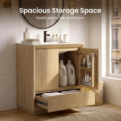 Light wood bathroom storage cabinet with an open center shelf, open lower doors, and a pull-out drawer