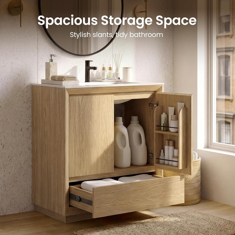 Light wood bathroom storage cabinet with an open center shelf, open lower doors, and a pull-out drawer