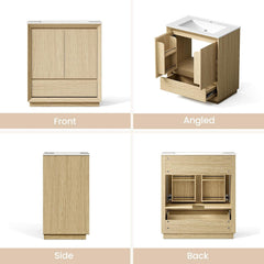 Composite shows front, angled, side, and back views, Angled view shows two doors, a drawer, and sink top