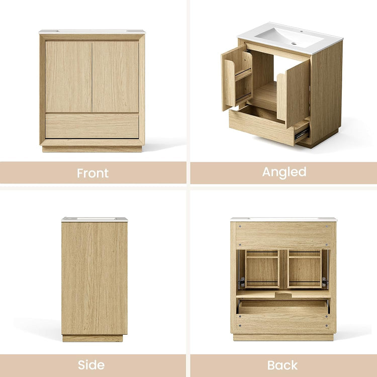 Composite shows front, angled, side, and back views, Angled view shows two doors, a drawer, and sink top