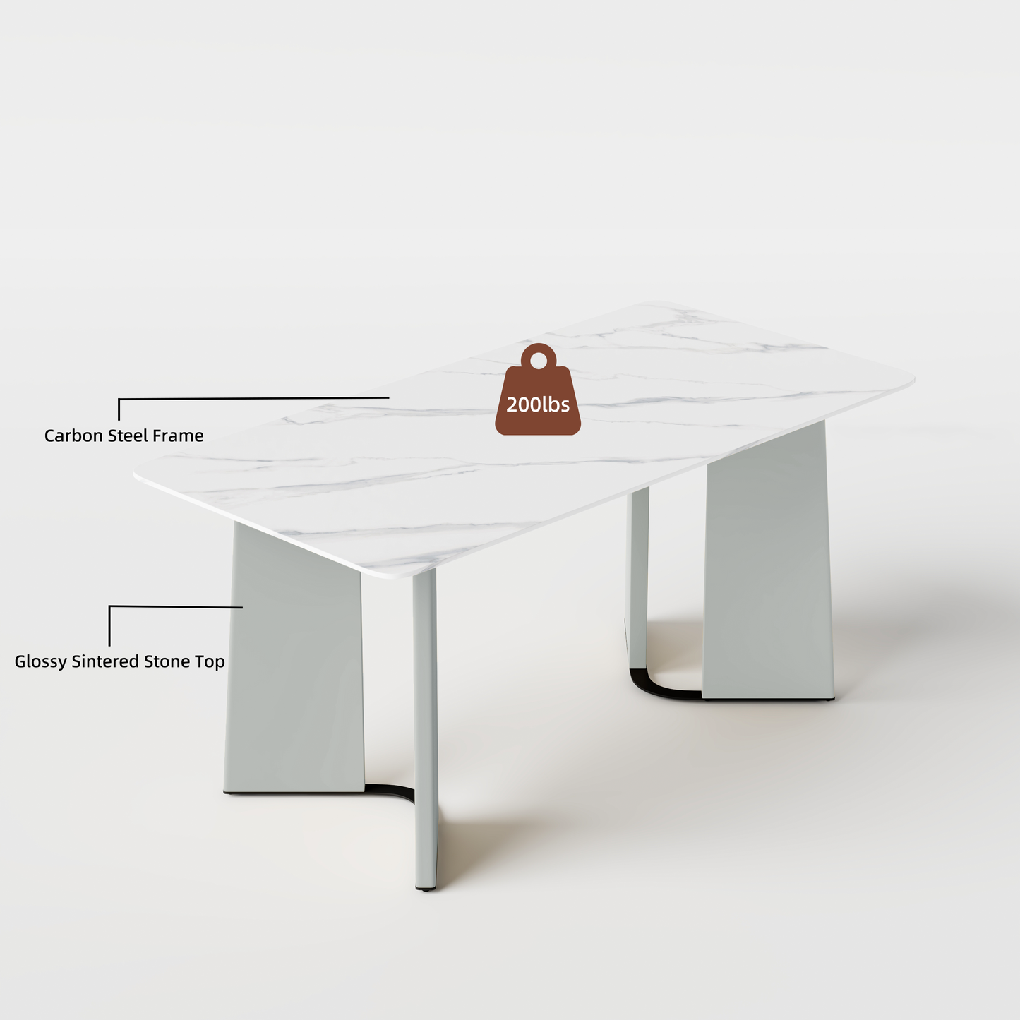 70" Glossy Sintered Stone Table, Geometric Steel Base for 6-8