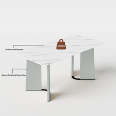 Glossy white rectangular dining table on three slab legs with material labels and a weight icon