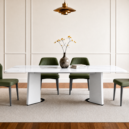 White veined dining table with broad angular pedestal legs and green chairs beneath a pendant light
