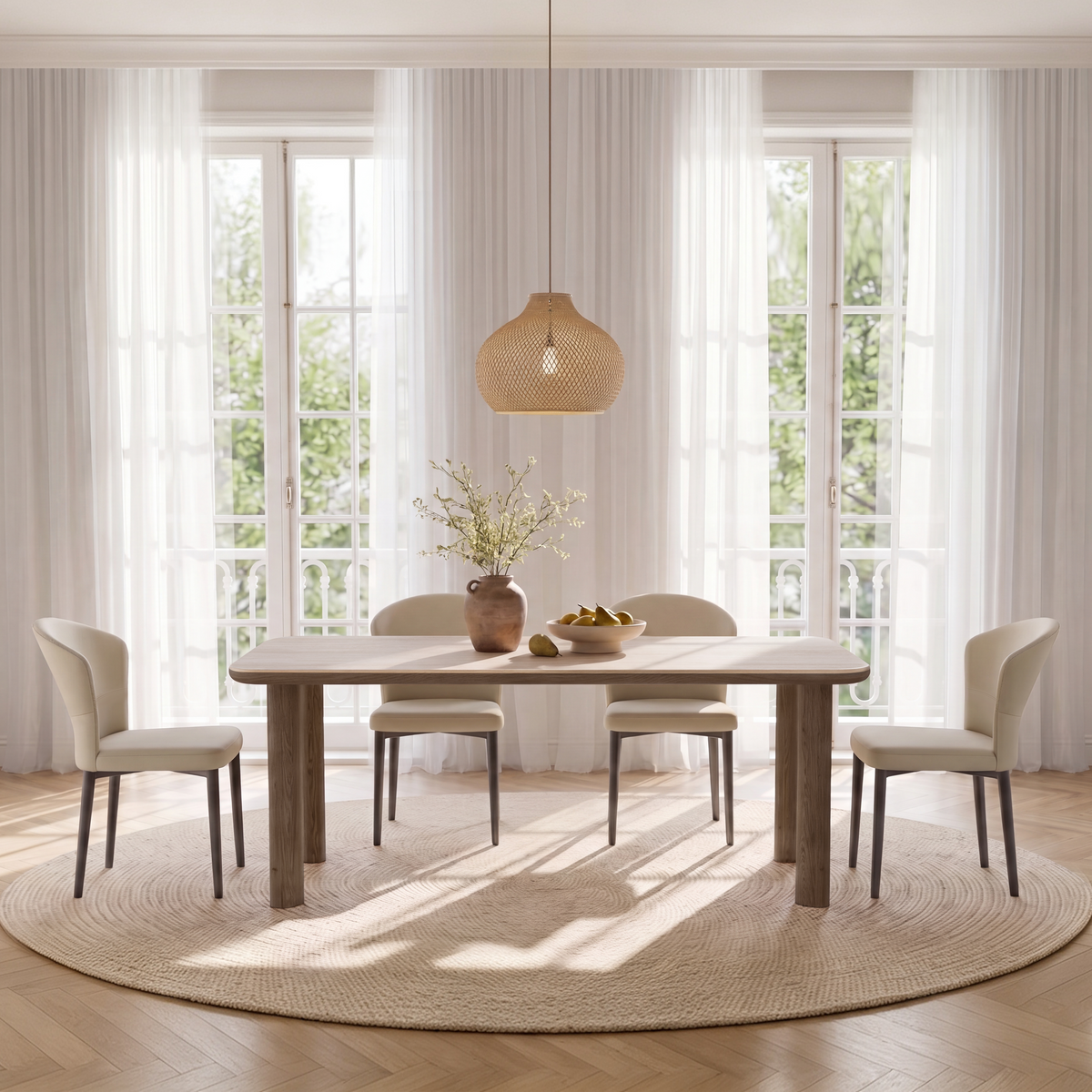 Pale rectangular dining table with wood-tone legs and four cream chairs in front of tall curtained windows