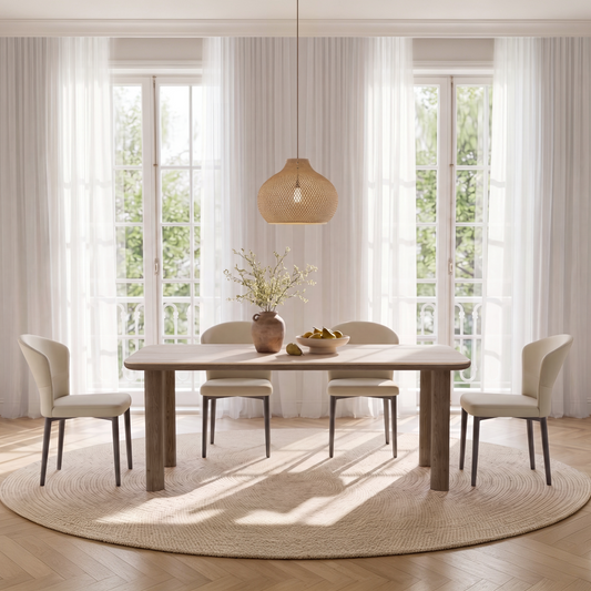 Pale rectangular dining table with wood-tone legs and four cream chairs in front of tall curtained windows