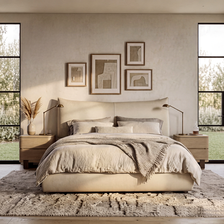 Beige Channel Tufted Upholstered Bed, Queen, Faux Leather Headboard