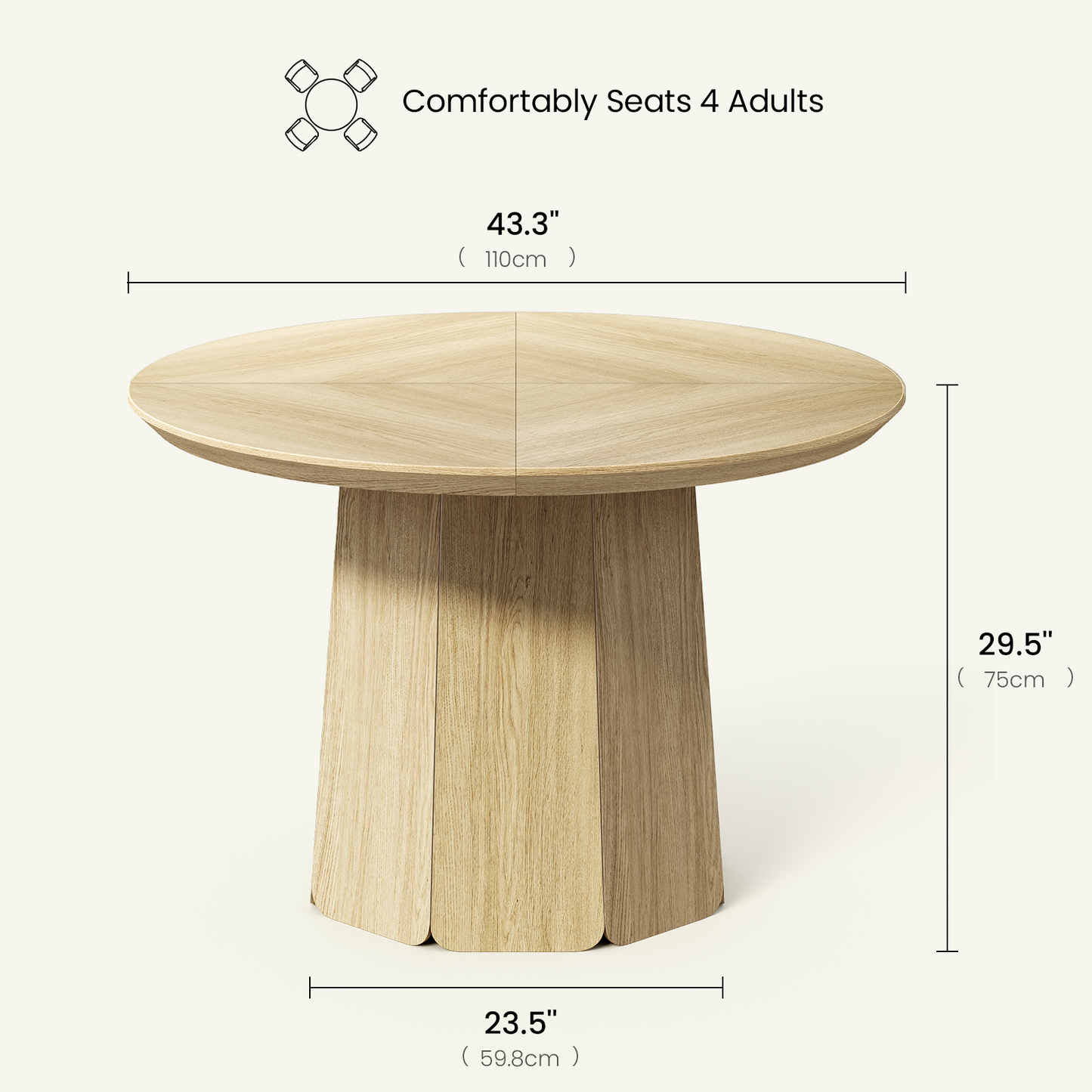 Arlo 43" Round Dining Table for 4 with Wooden Pedestal Base