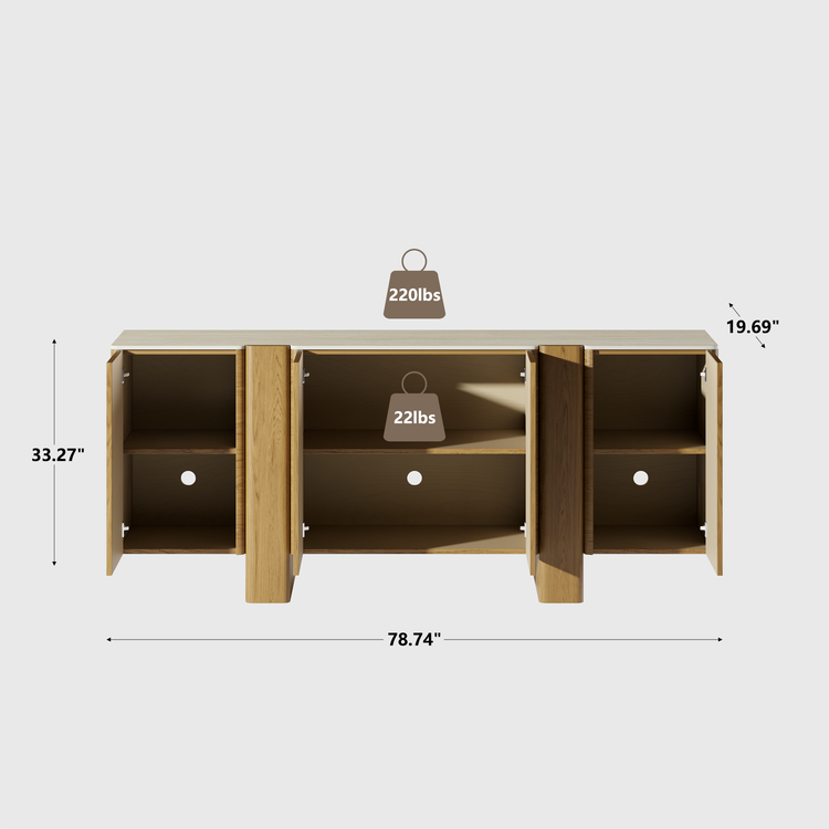 Wood cabinet with open doors, shelves, and labeled overall dimensions and weight limits.