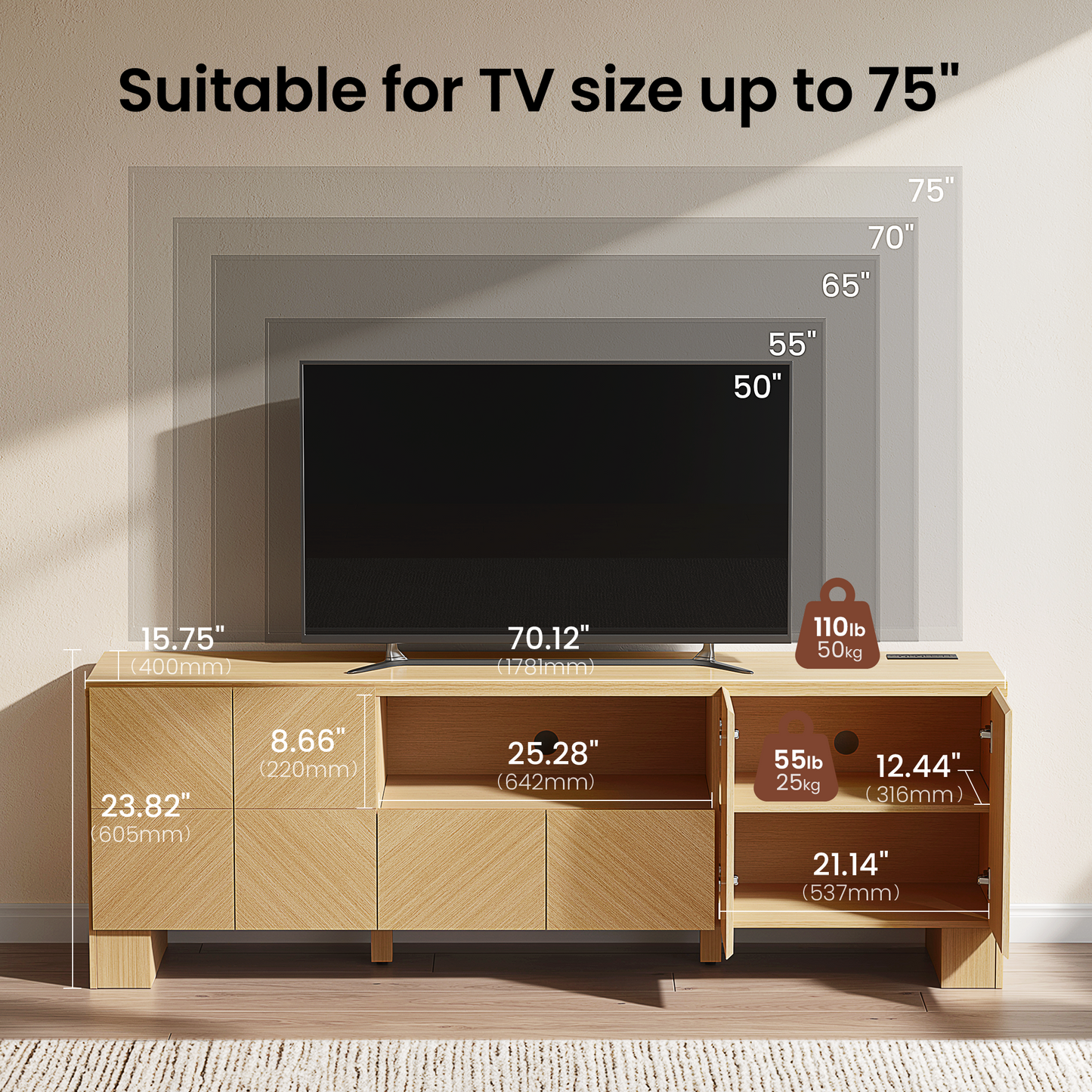 Galileo 70" Modern TV Stand with Outlet and Storage Cabinet,Natural Oak