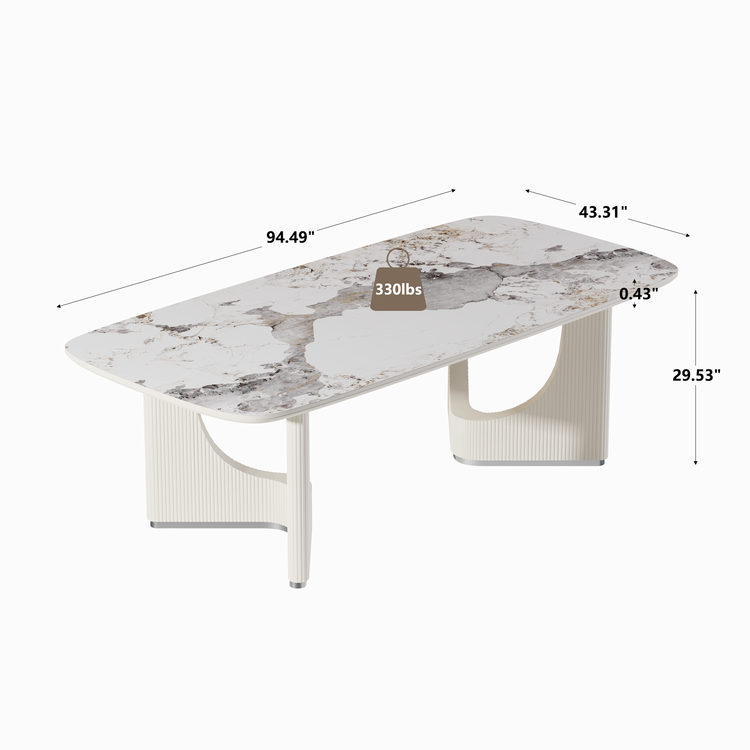 Dimension diagram of a table with a white and gray veined top and two cream ribbed supports, labeled 94.49 inches long, 43.31 inches wide, 29.53 inches high, and 0.43 inches thick, with a 330 lbs weight symbol.