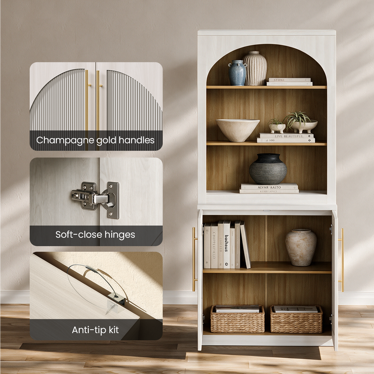 [Pre-Sale] Harmo Block 70" Arched Bookcase with Doors,  Hall Tree & Entryway Cabinet, White