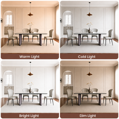 Four panels compare one dining area under different lighting, Labels identify warm, cold, bright, and dim light