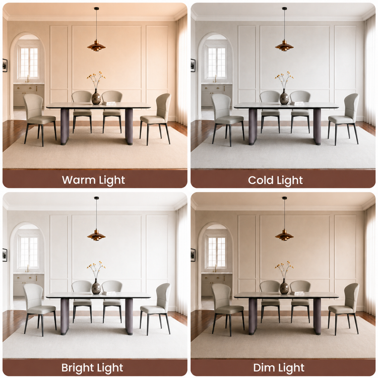 Four panels compare one dining area under different lighting, Labels identify warm, cold, bright, and dim light