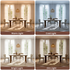 Four-panel comparison of the same wood dining table and cream chairs under warm, cold, bright, and dim lighting